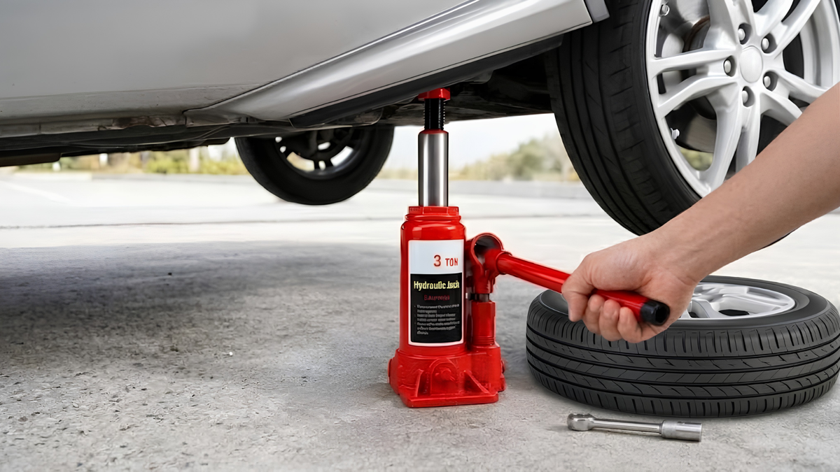 A red hydraulic car jack is positioned under a vehicle, with a person's hand gripping the handle to lift the car. A spare tire and a socket tool rest on the concrete ground nearby.