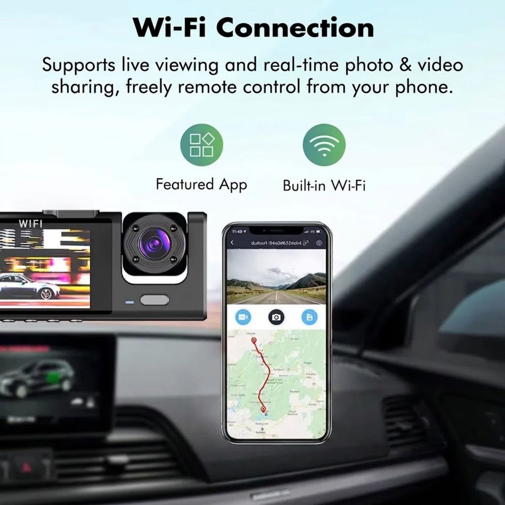 WiFi 3-Lens Dash Cam live viewing app showing real time photo and video sharing with remote phone control
