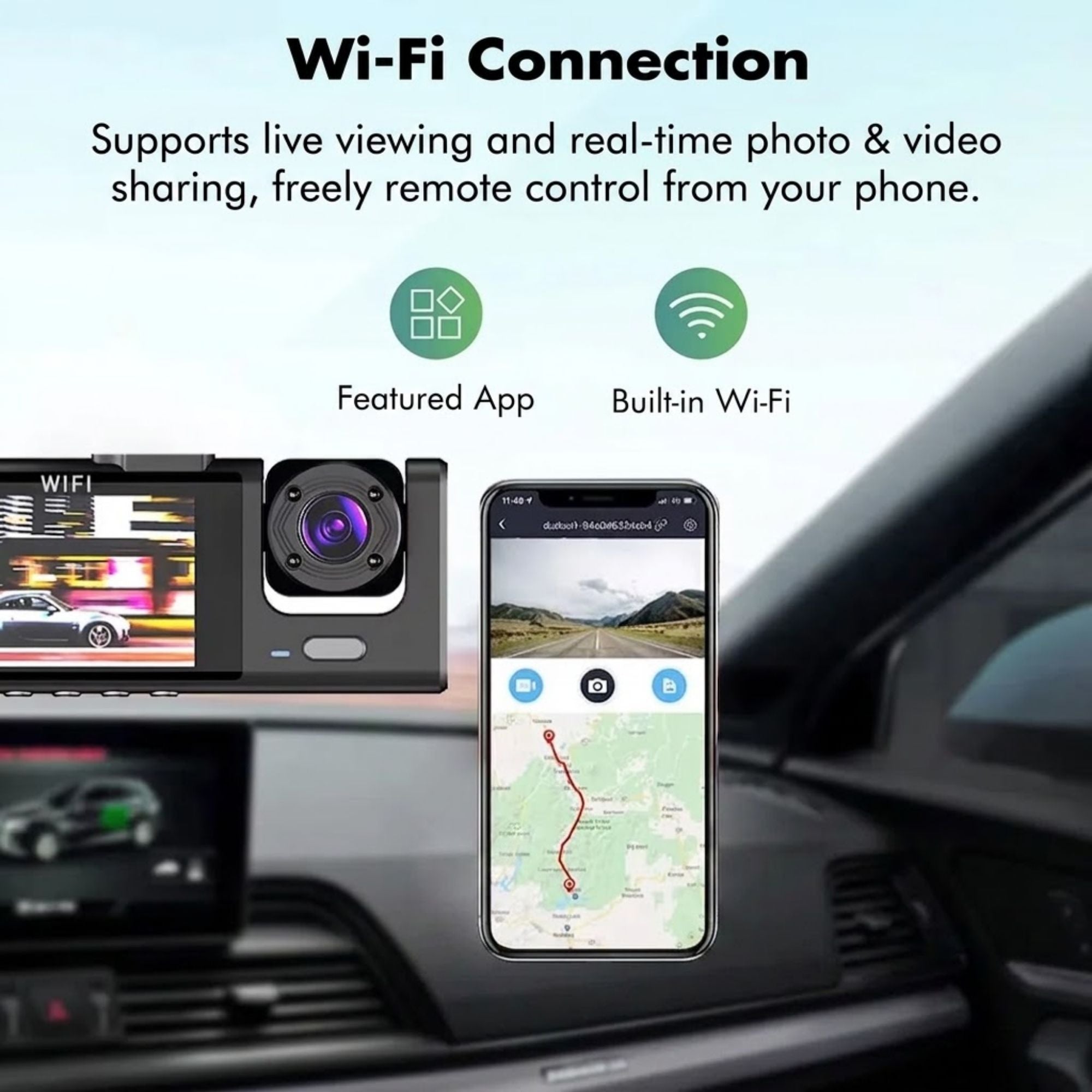 WiFi 3-Lens Dash Cam live viewing app showing real time photo and video sharing with remote phone control