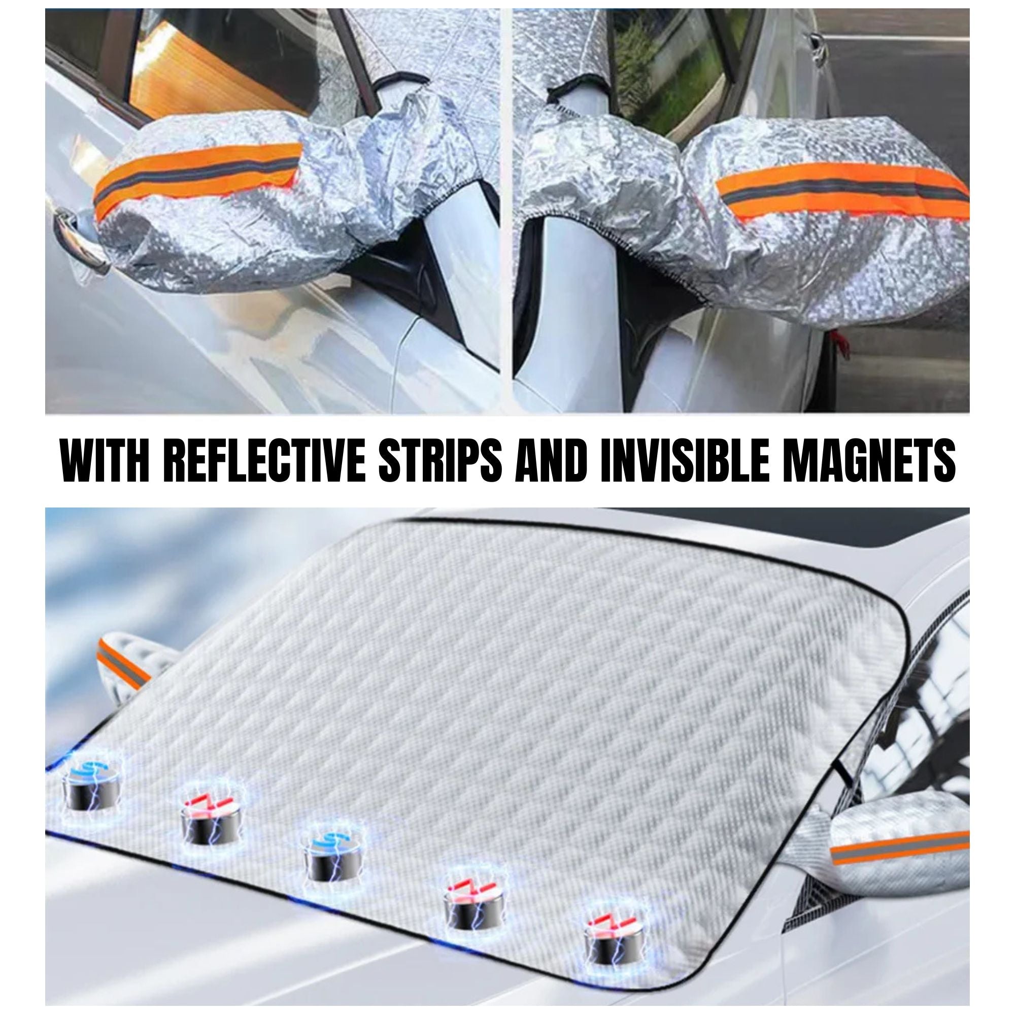 Close-up details of the vehicle windscreen cover highlighting the five concealed mounting magnets along the base and the reflective warning strips on the mirror covers.