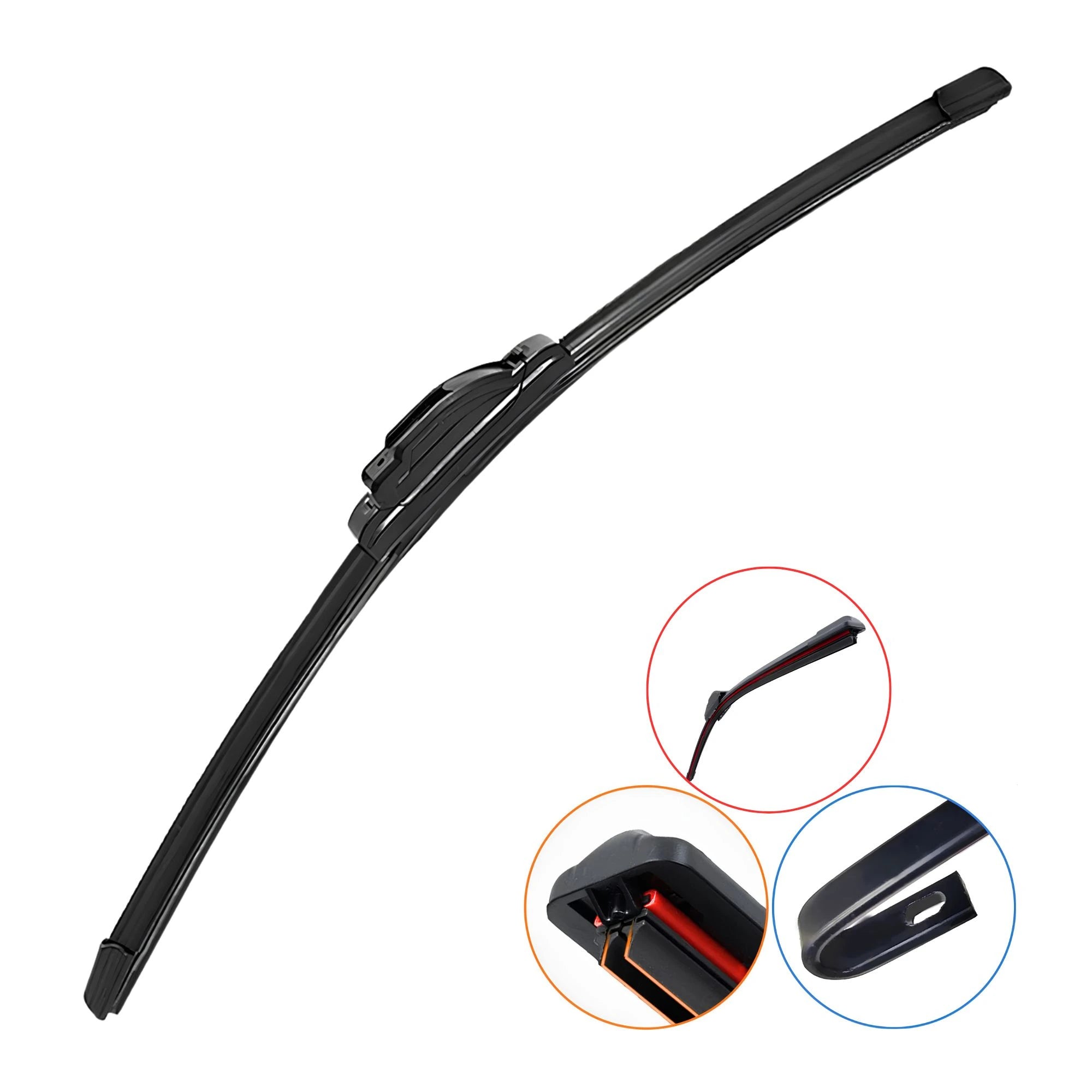 Universal Beam Windscreen Wiper Blade with J-hook and U-hook adaptor on a white background