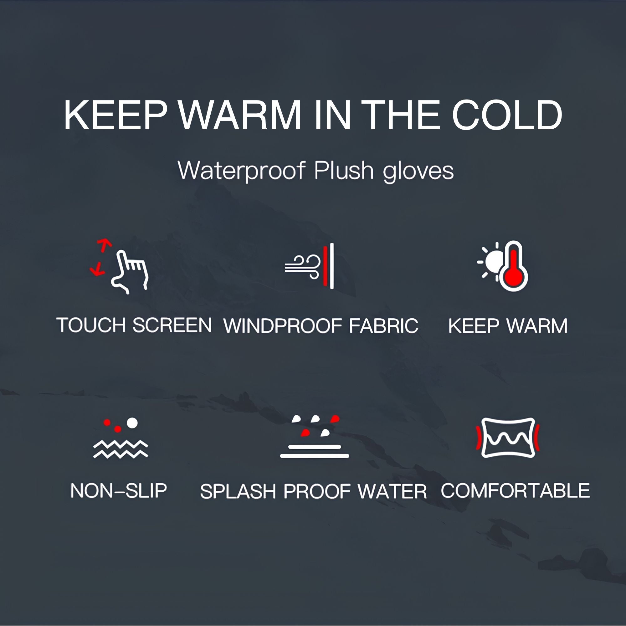 Six feature icons for the winter gloves covering touchscreen fingertips, windproof fabric, warmth retention, non-slip grip, splash-proof water resistance and overall comfort.