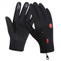 Black winter touchscreen gloves shown from both sides on a white background.