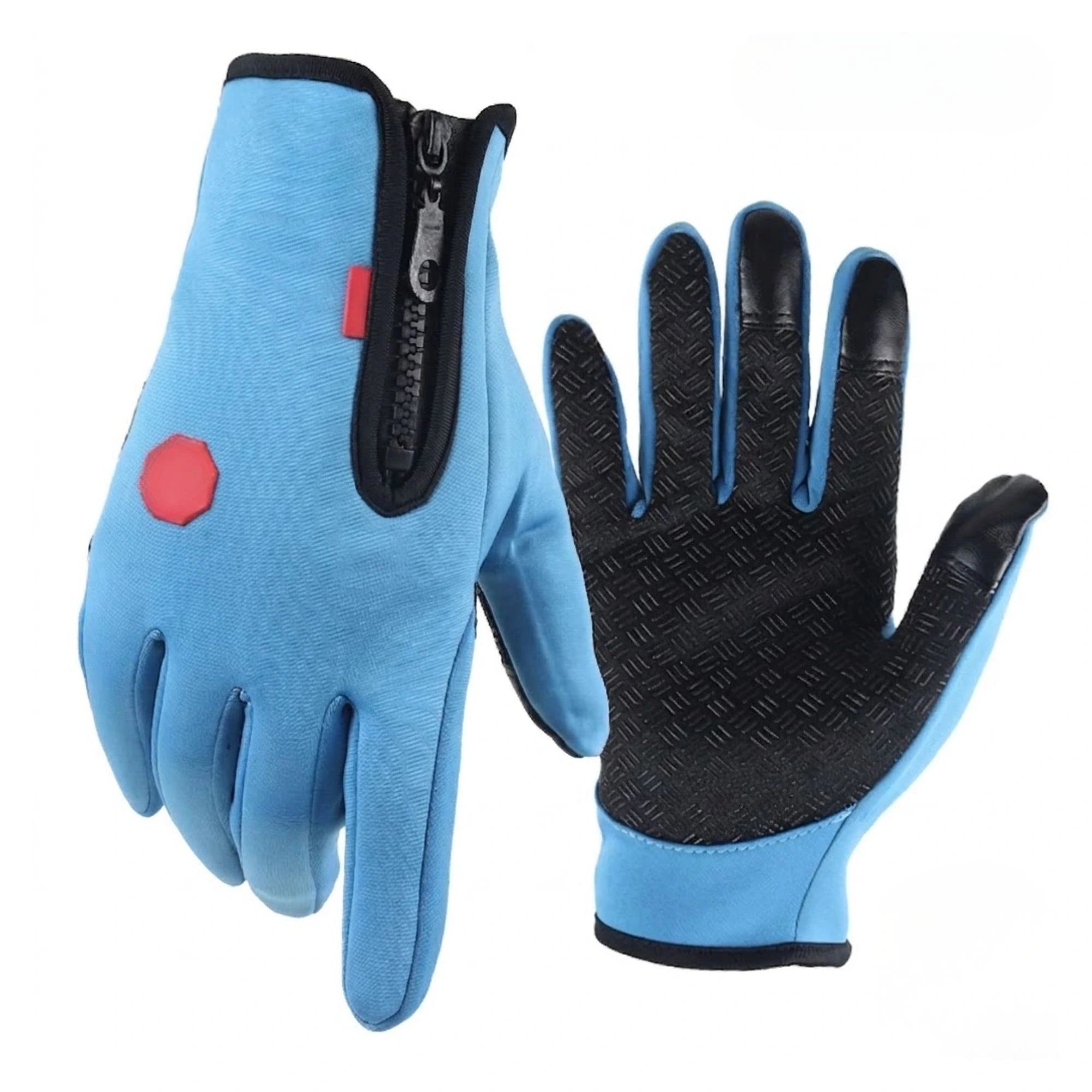 Blue and black winter touchscreen gloves shown from both sides on a white background.