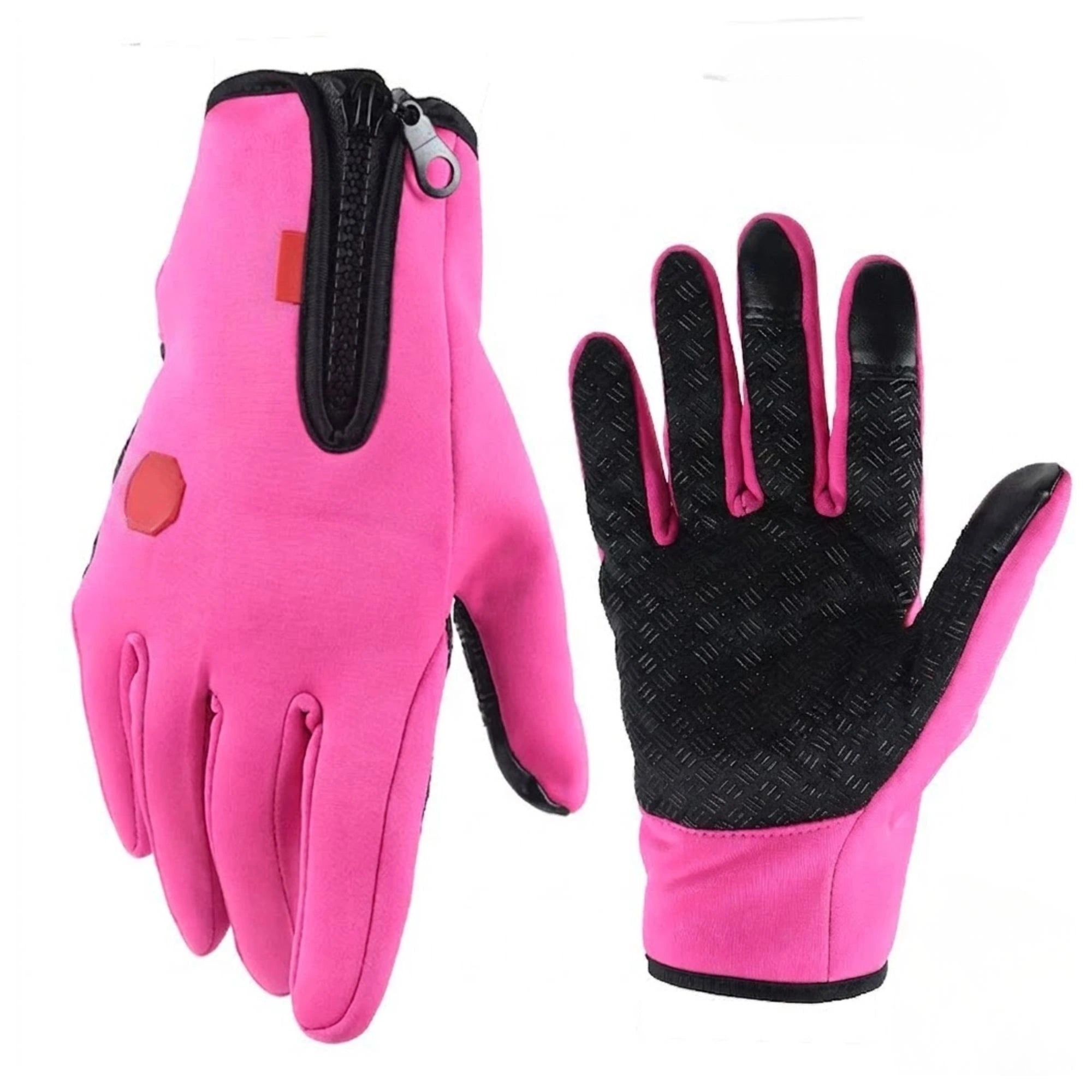 Pink and black winter touchscreen gloves shown from both sides on a white background.