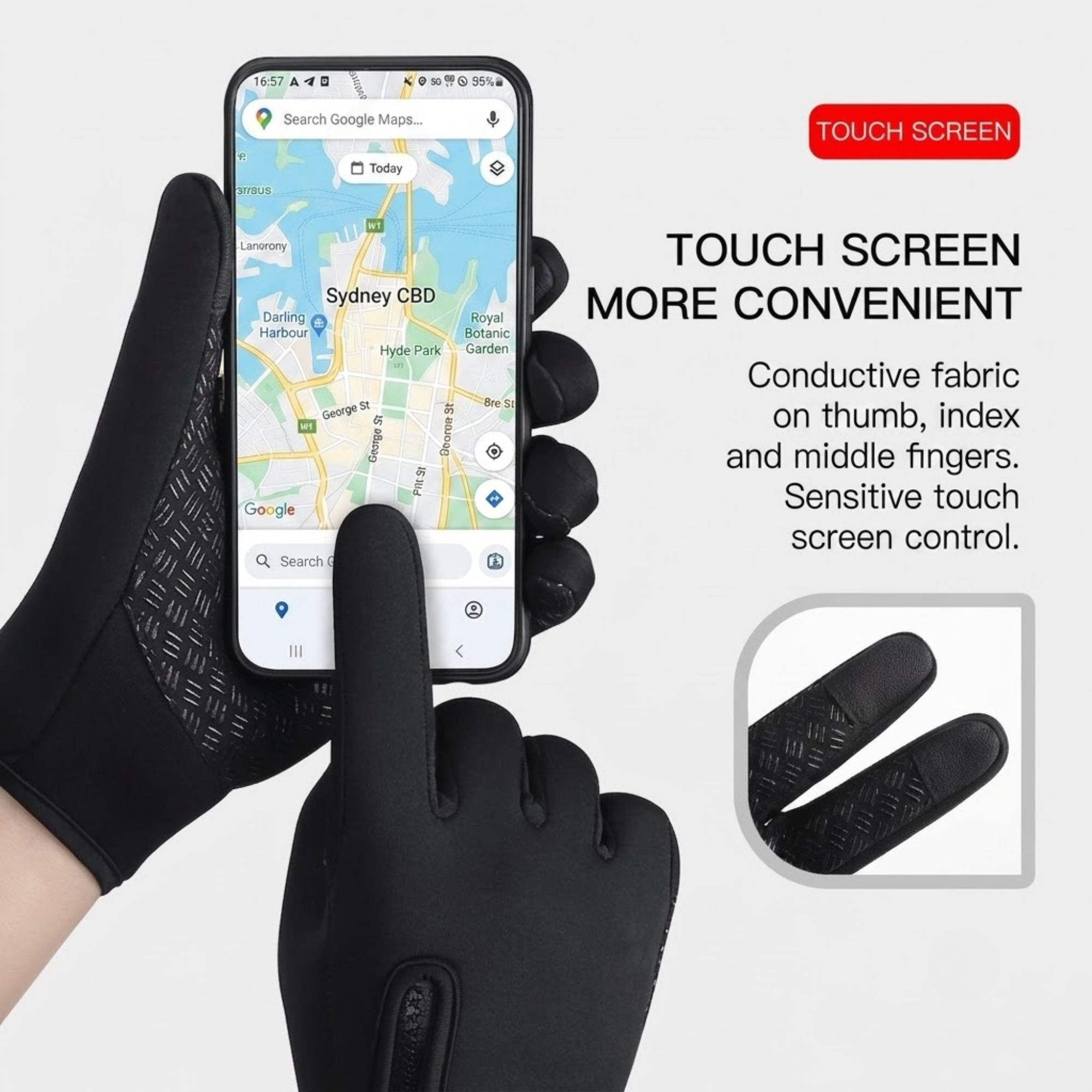 Close up of winter riding gloves showing touchscreen readiness and designed finger tips.