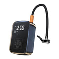 Portable wireless car tyre inflator and electric air compressor featuring a digital pressure gauge and attached air hose.
