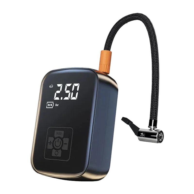 Portable wireless car tyre inflator and electric air compressor featuring a digital pressure gauge and attached air hose.