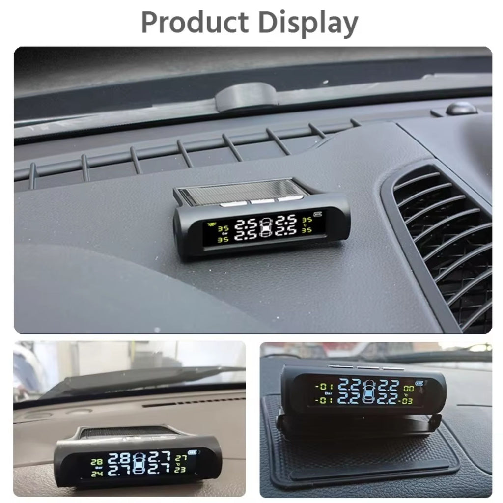 The wireless tyre pressure monitoring system display unit securely installed on a car dashboard, showing clear, real-time pressure and temperature readings.