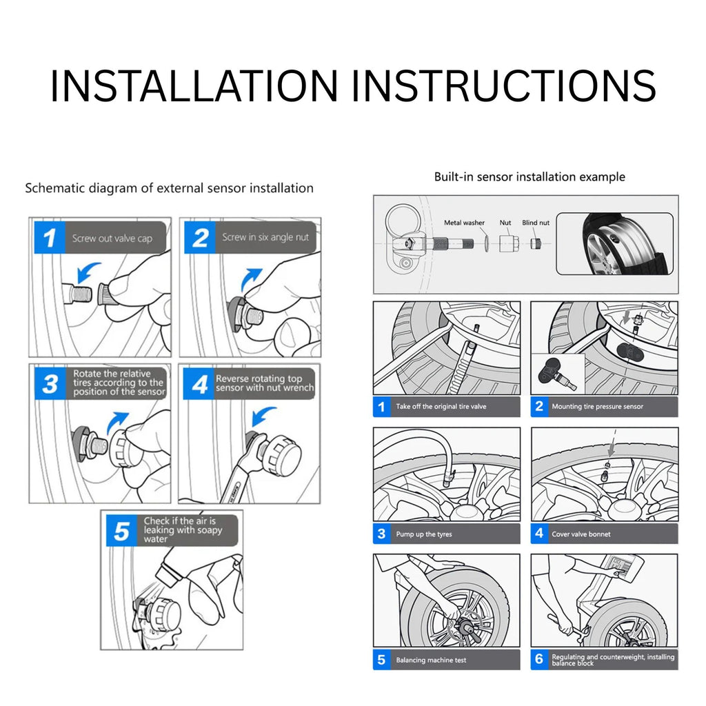 Step-by-step graphical installation instructions demonstrating the setup process for both the DIY external sensors and the professional internal tyre pressure monitoring system sensors.