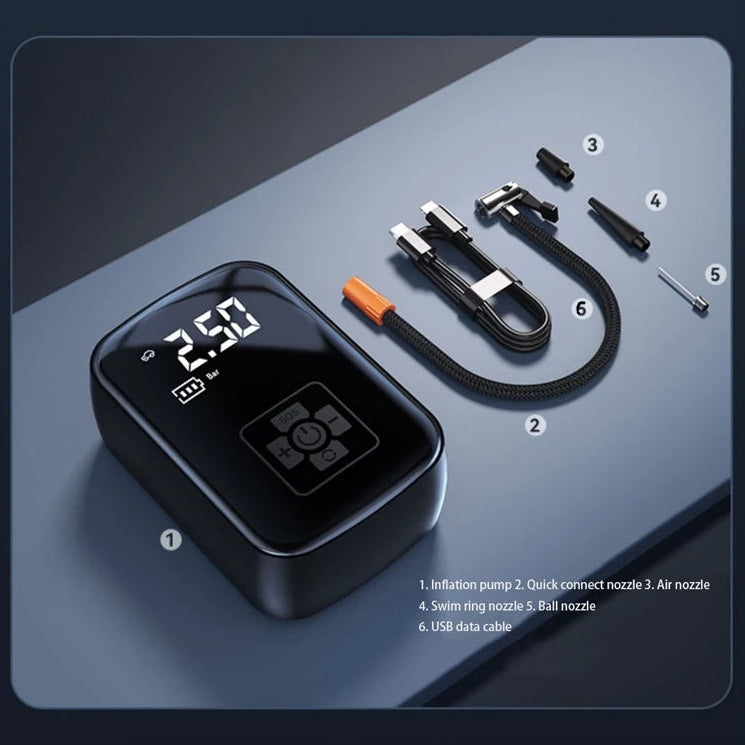 Complete package contents for the wireless car air pump including the main compressor unit, air tube, three interchangeable gas nozzles, and a USB charging cable.