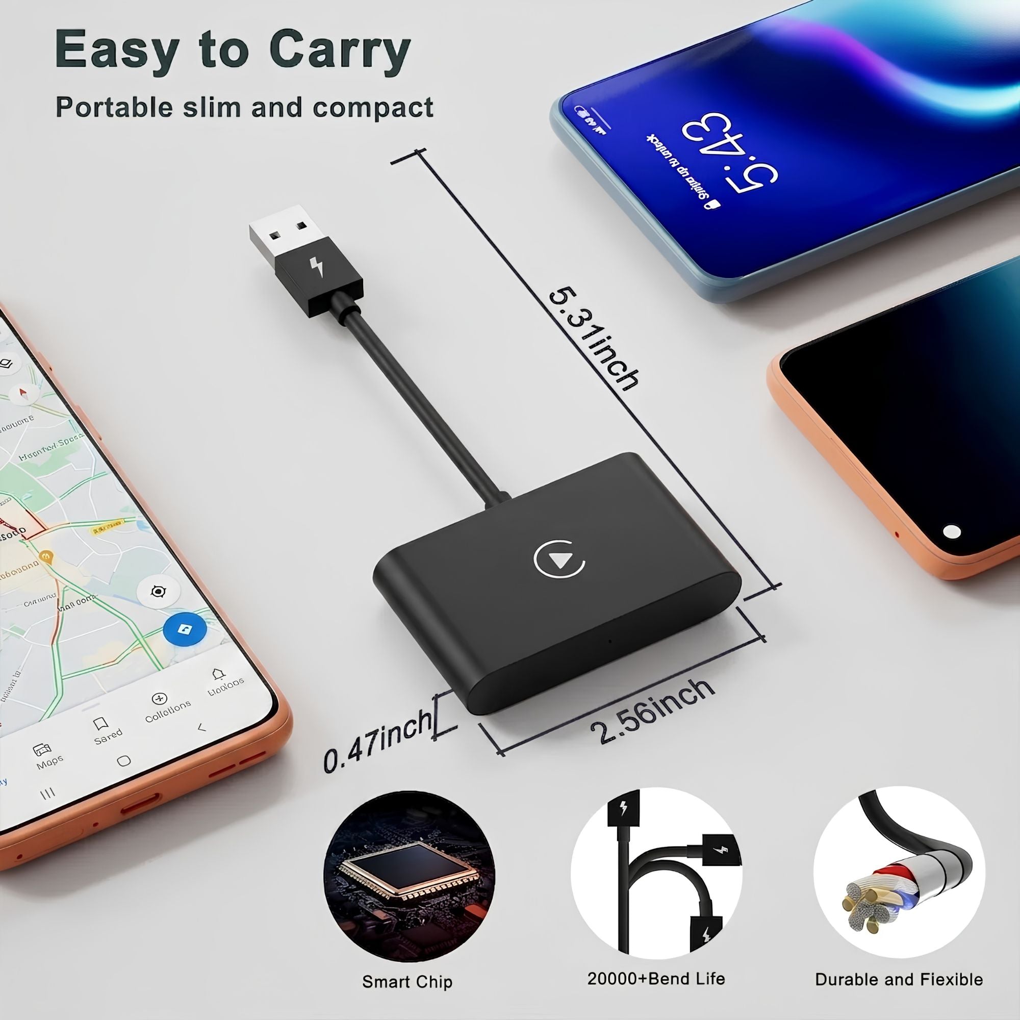 Wireless CarPlay Adapter dongle shown next to a ruler illustrating its compact, portable size for easy carrying.
