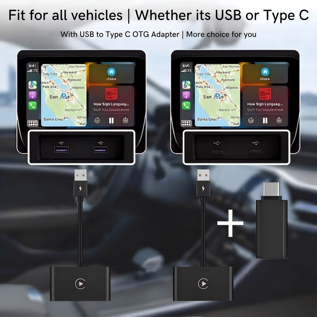 Wireless CarPlay Adapter plugged into a vehicle's USB Type-C port, shown fitted to a car dashboard.