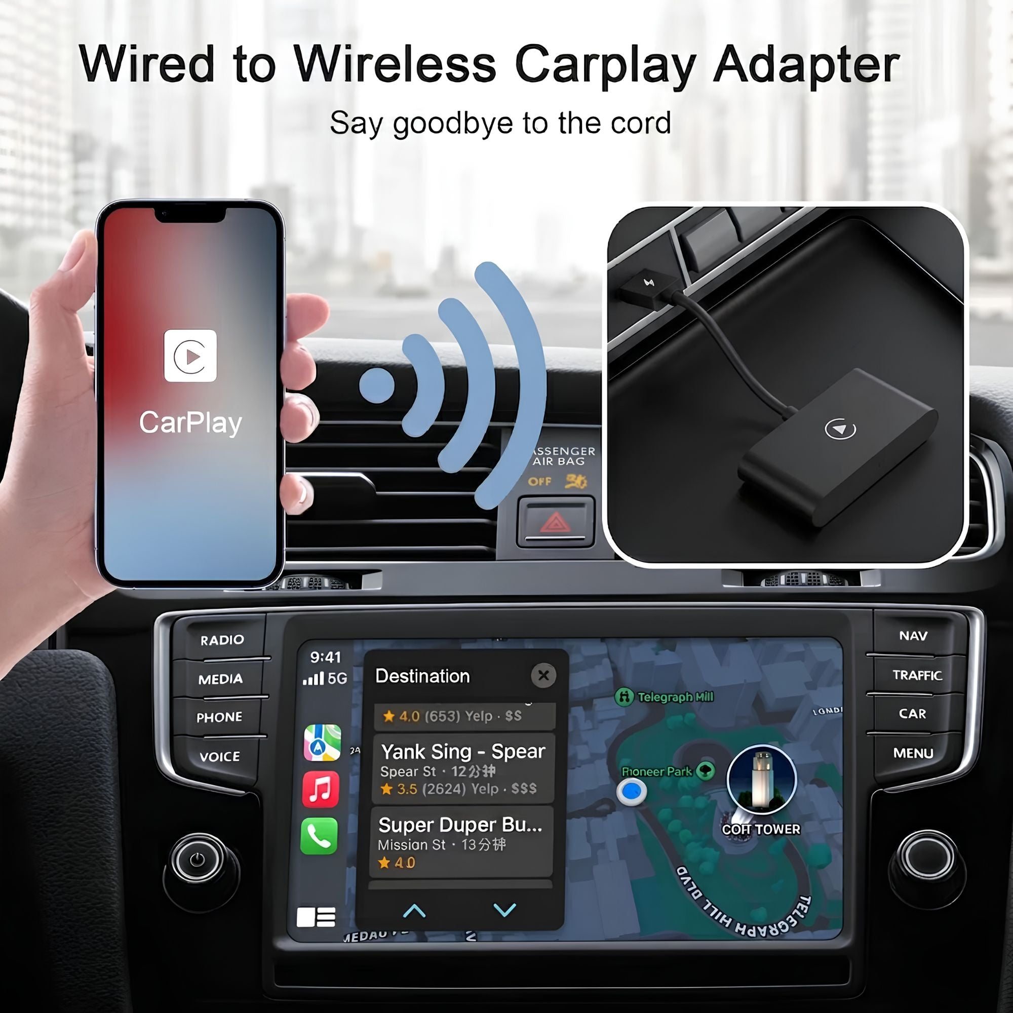 Wired-to-wireless CarPlay dongle infographic illustrating the adapter converting a wired Apple CarPlay connection to wireless.