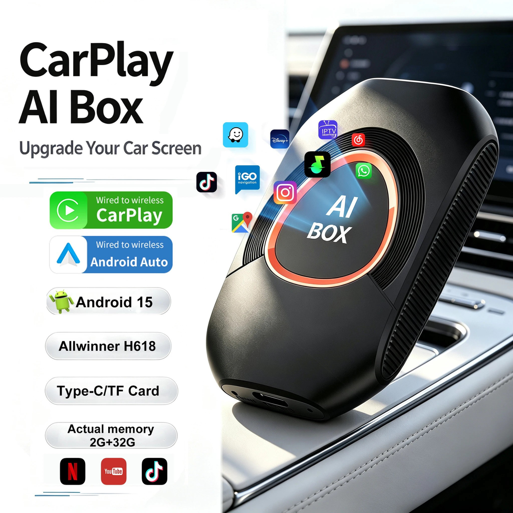 CarPlay AI Box adapter feature overview showing wireless CarPlay and Android Auto compatibility