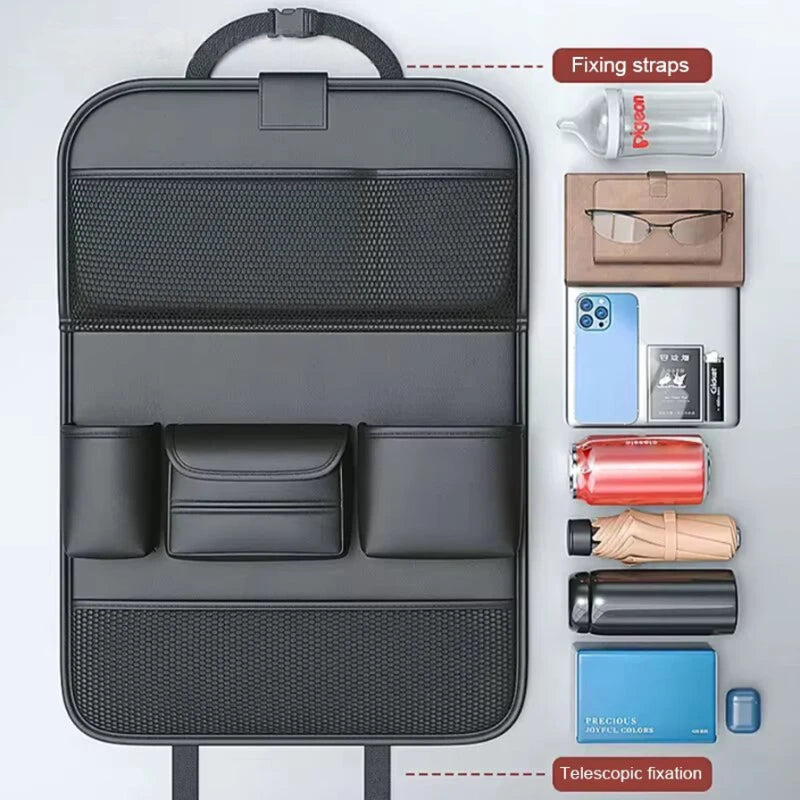 A black telescoping luggage organizer with multiple compartments and a top handle, shown alongside labeled inset illustrations of accessories it can hold, including a water bottle, wallet, glasses, phone, cards, can, umbrella, bottle, and small item. Text labels mention fixing straps and telescopic fixation.