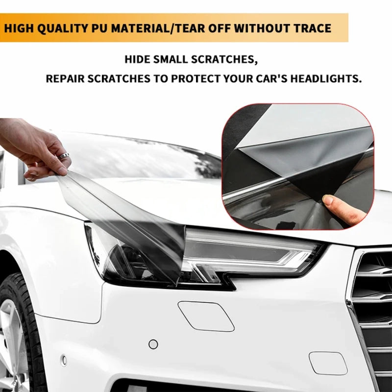 Car headlight repair with text on high-quality PU material and scratch repair capabilities.