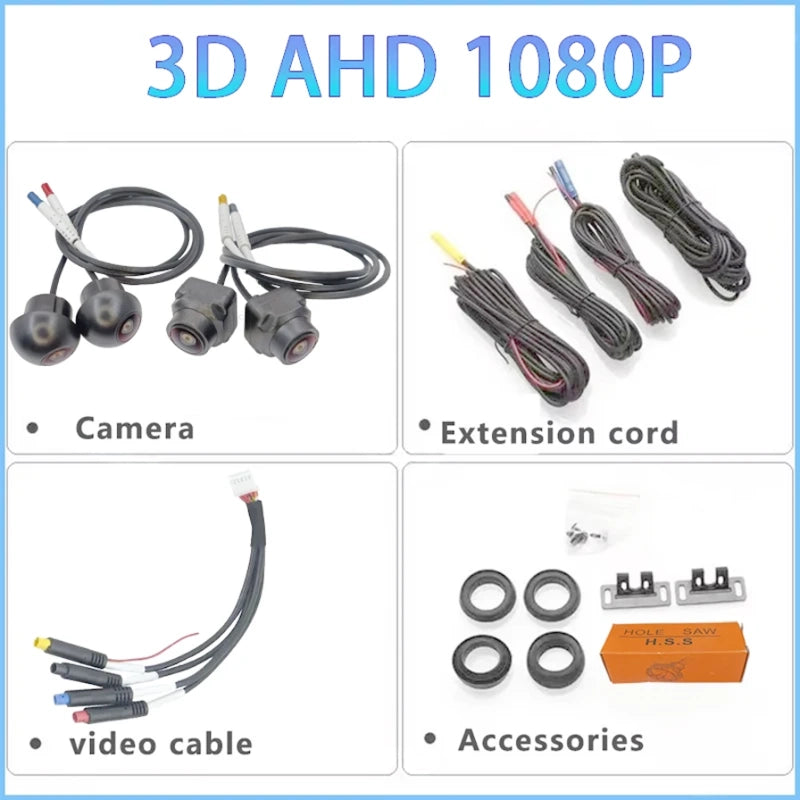 360 Degree Panoramic Car Camera 3D AHD 1080P kit contents showing cameras, extension cords, video cable and accessories