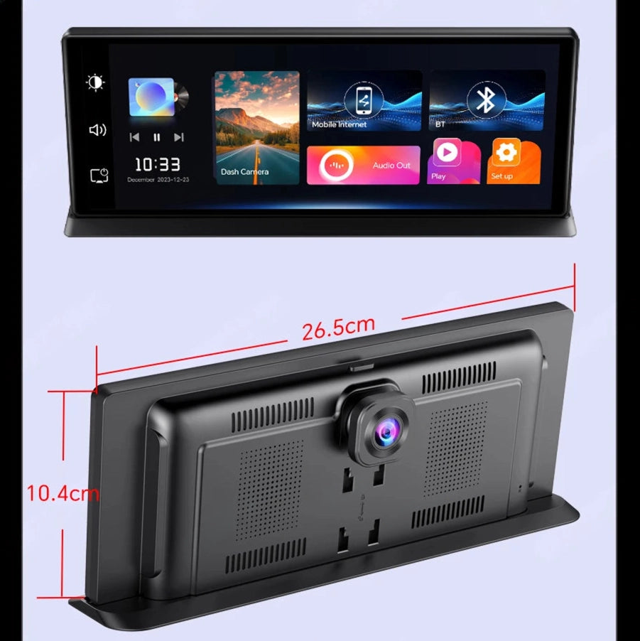 Pro CarPlay Dash Cam shown from multiple angles including the touchscreen display, rear housing with built-in front lens, and overall mounting dimensions