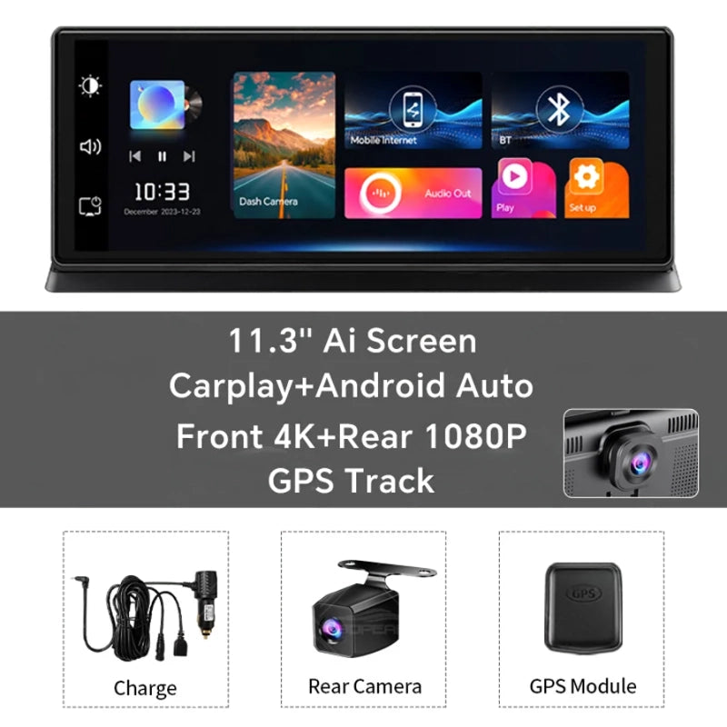Car multimedia system with 11.3-inch AI screen, CarPlay, Android Auto, front 4K, rear 1080P GPS tracking, and additional components.