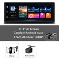 Car stereo head unit with a 11.3-inch AI touchscreen display showing car media and navigation interfaces, plus a rear camera module and charging cable shown below on a white and dark gray background.