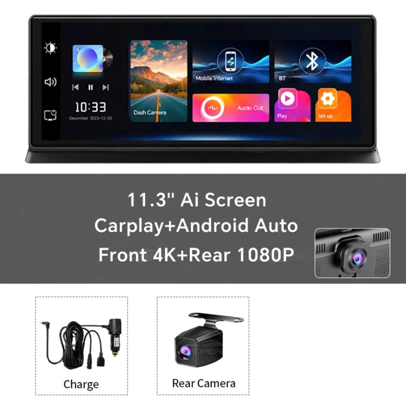 Car stereo head unit with a 11.3-inch AI touchscreen display showing car media and navigation interfaces, plus a rear camera module and charging cable shown below on a white and dark gray background.