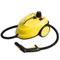Yellow 2000W high-pressure car interior steam cleaner with coiled hose and trigger handle on white background